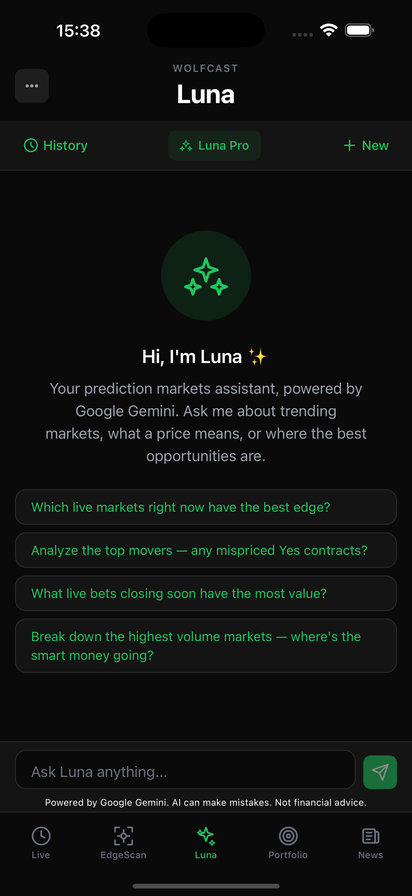 Wolfcast Luna AI screen