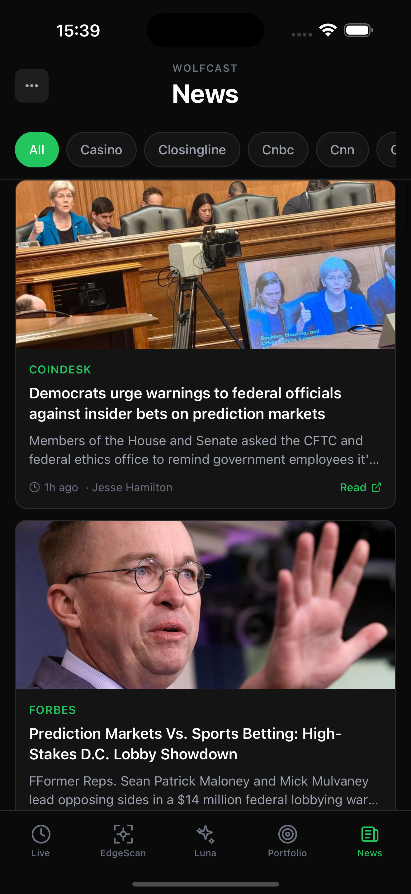 Wolfcast News screen